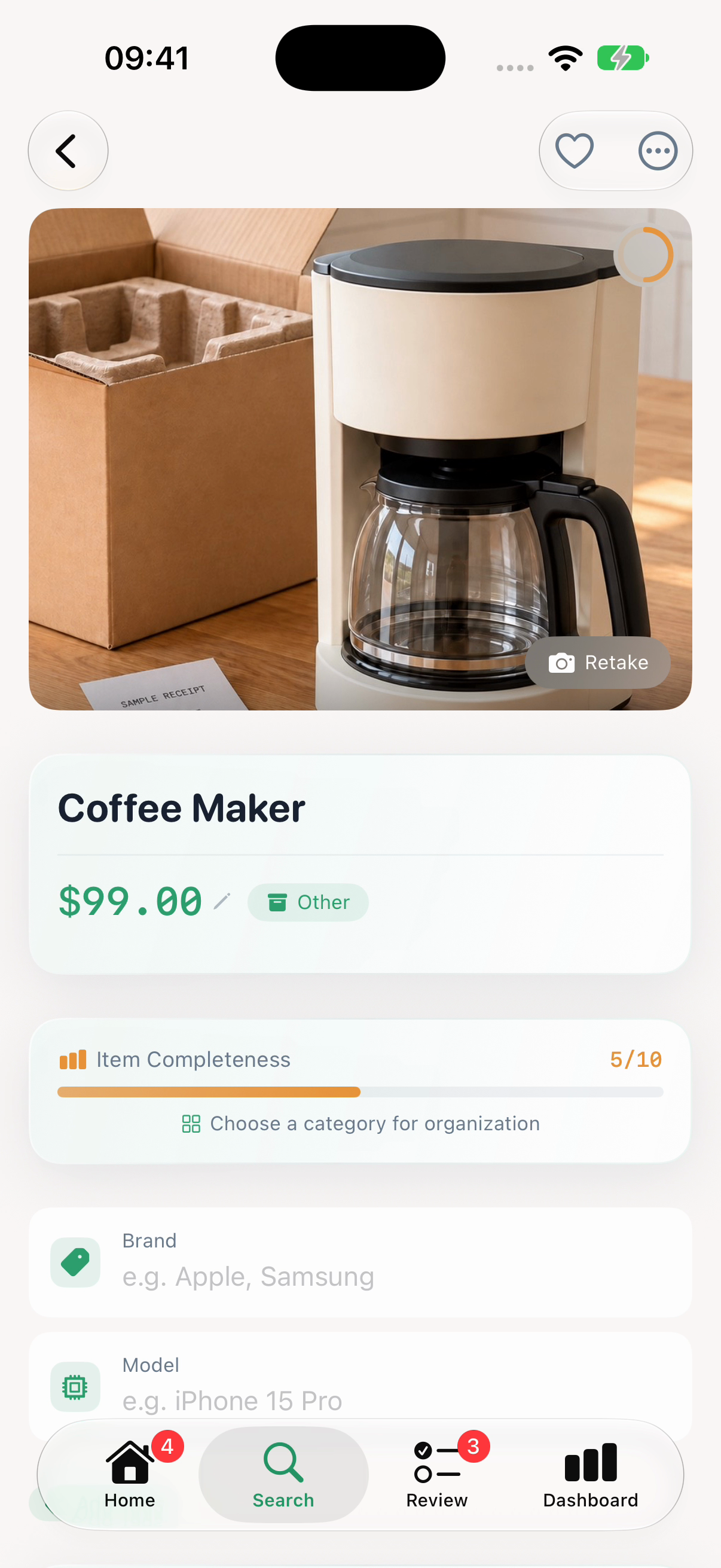 An actual HomeTally Coffee Maker record with its photo, name and saved details