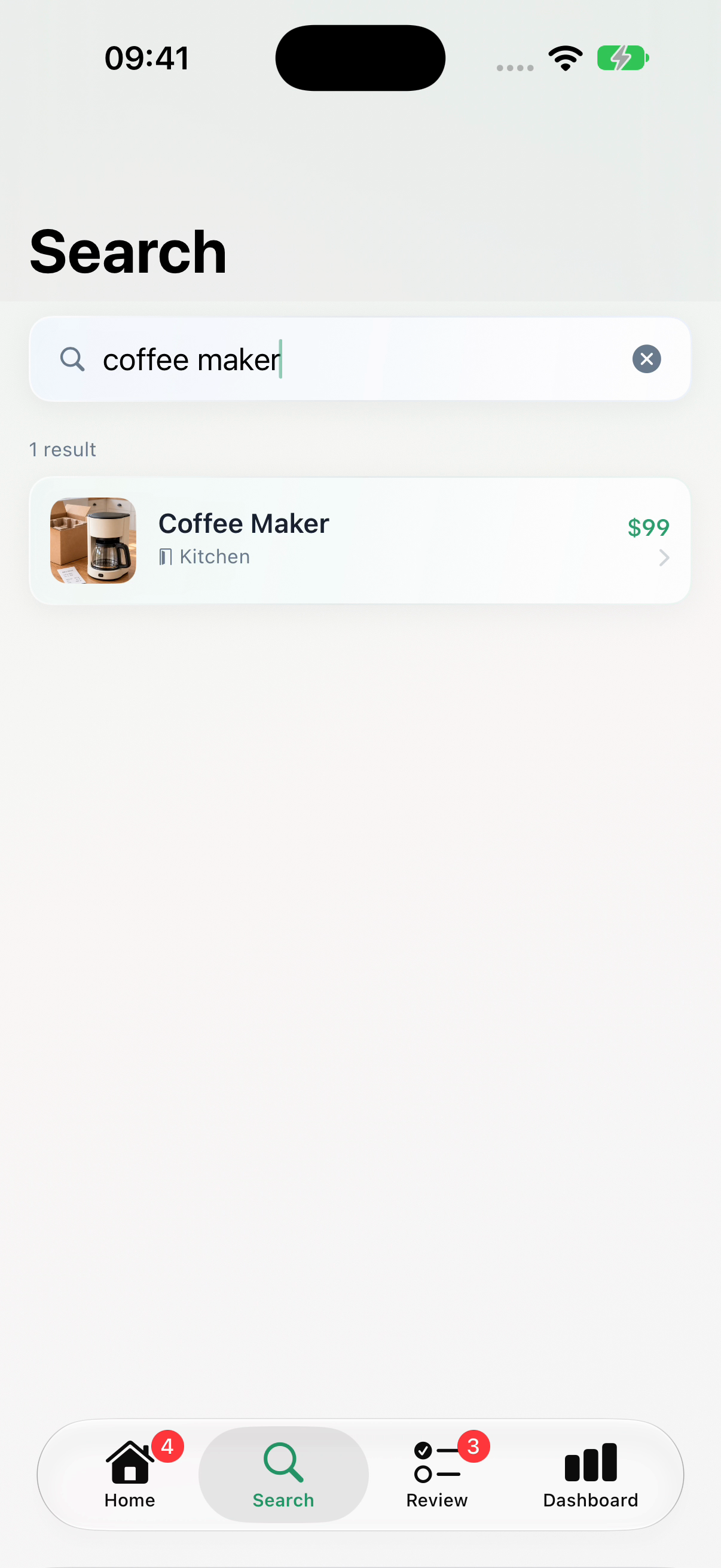 An actual HomeTally search for coffee maker returning the matching Coffee Maker record in Kitchen