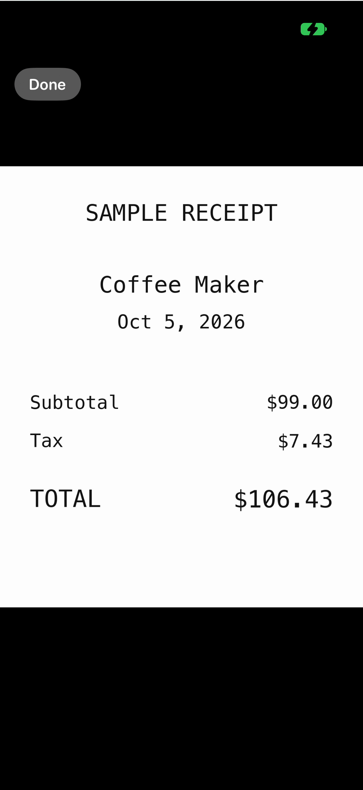 HomeTally's receipt viewer showing a fictional Coffee Maker receipt dated October 5, 2026, total $106.43