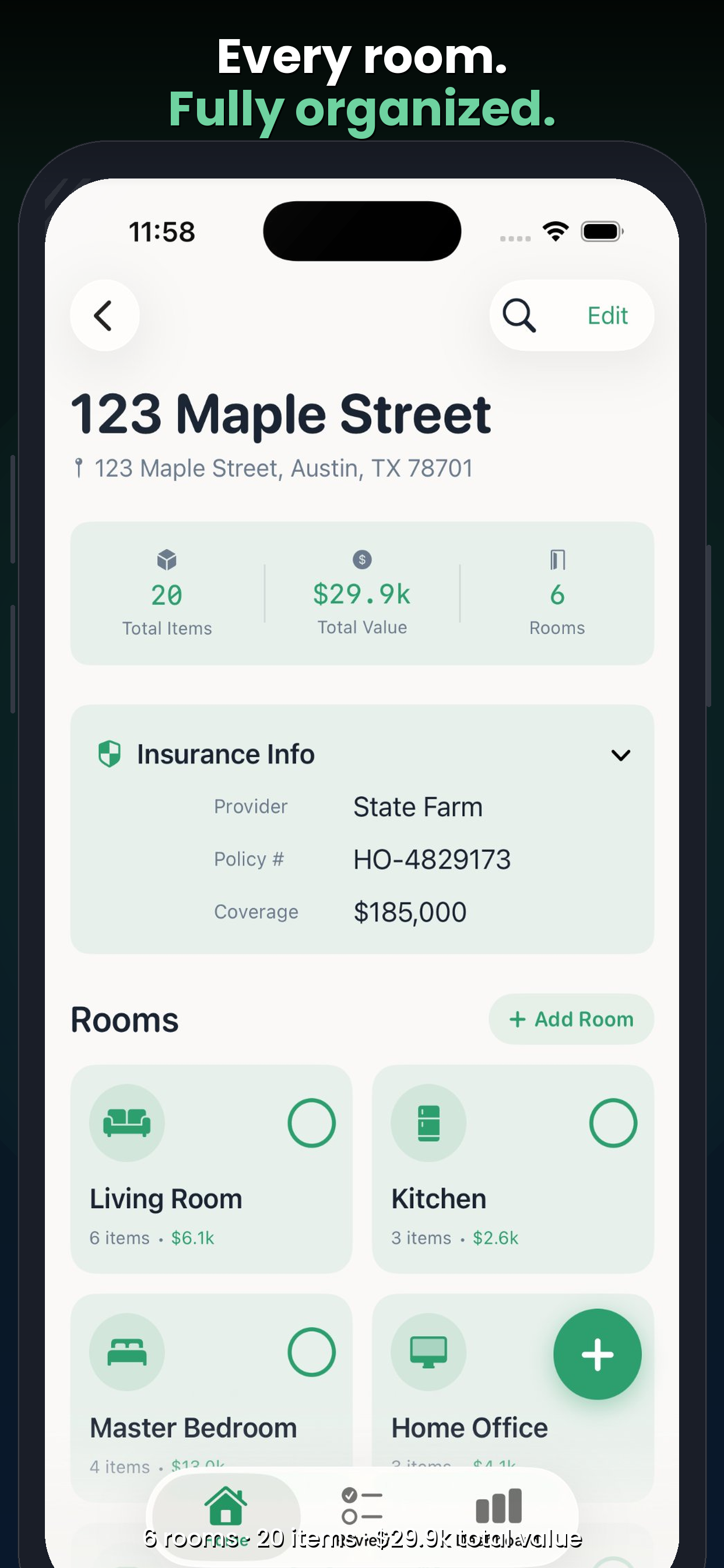 HomeTally property detail — Every room, fully organized