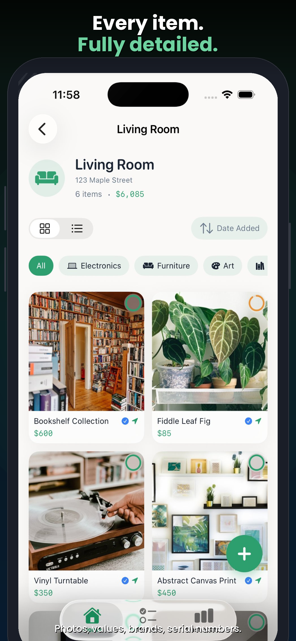 HomeTally room view — Every item, fully detailed
