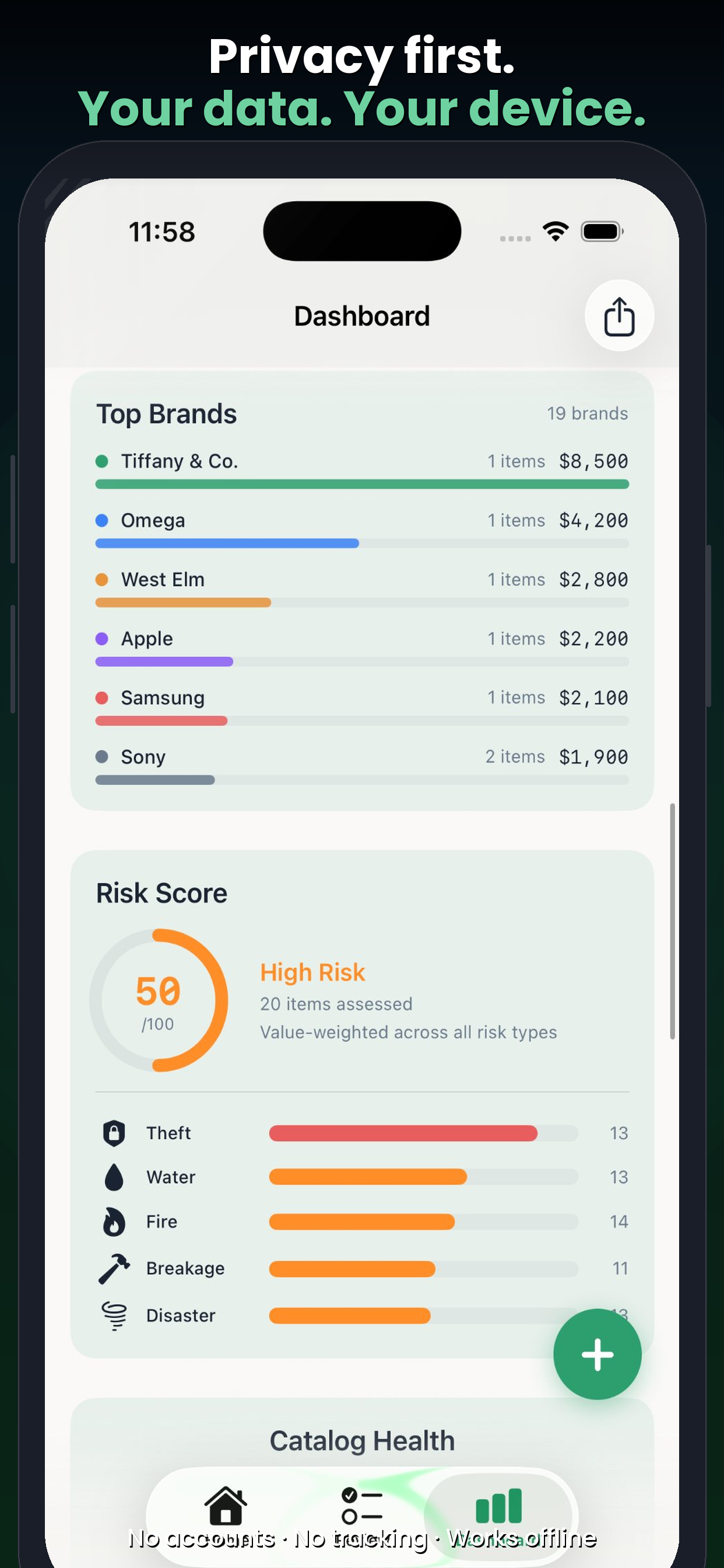 HomeTally privacy-first — Top brands, risk score, and catalog health