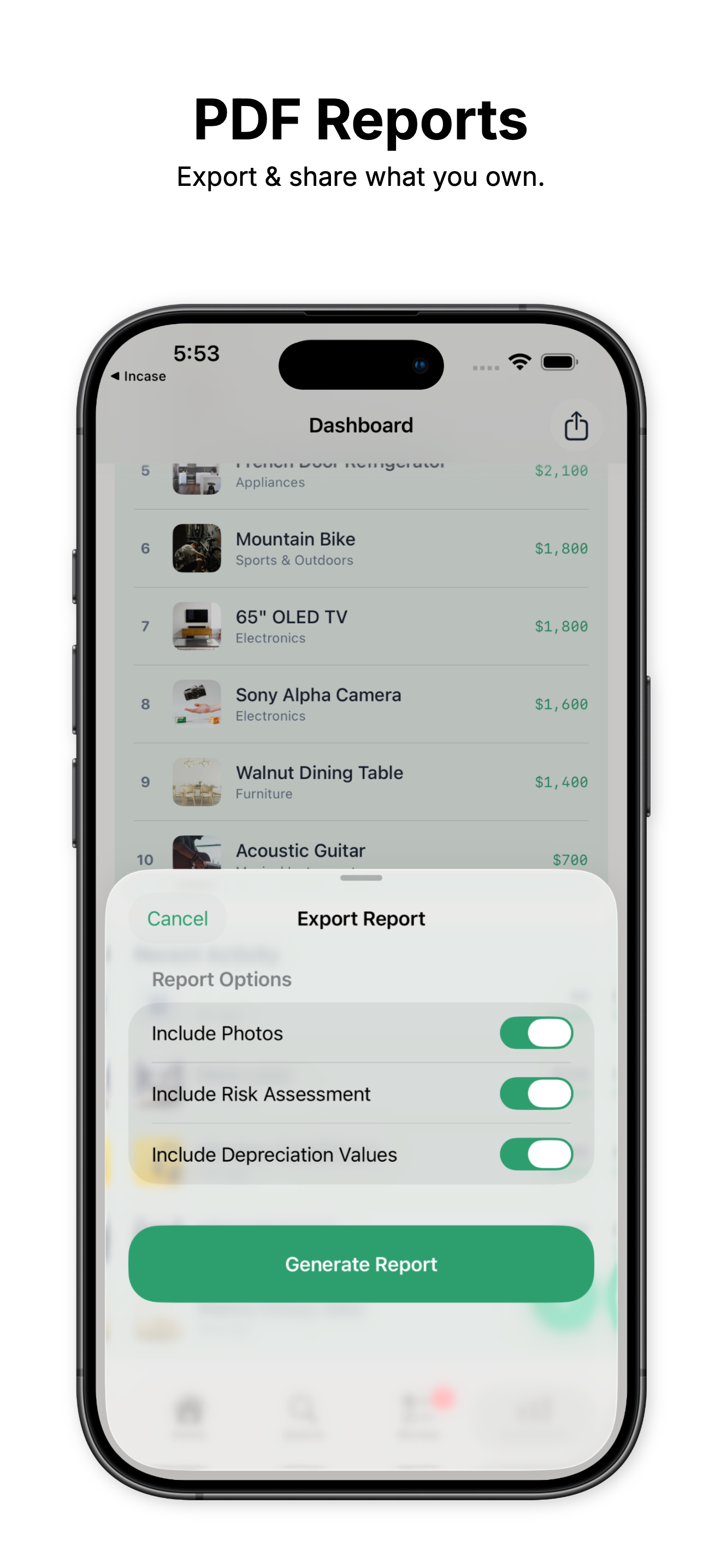 HomeTally PDF report — Insurance-ready documentation